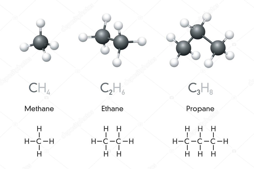 Methane, ethane, propane molecule models and chemical formulas. Organic chemical compounds. Natural gas. Ball-and-stick model, geometric structure, structural formula. Illustration over white. Vector.