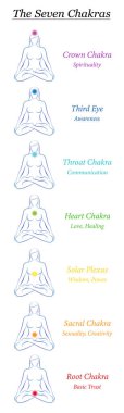 Chakra symbols. 7 rainbow colored chakras of a female body with description. Meditating woman in yoga position to achieve spirituality, enlightenment, health, fitness and energy. Bookmark format. clipart