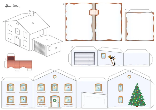 Паперова Модель Будинку Взимку Різдвяна Ялинка Сніговика Снігова Дахів Димар — стоковий вектор