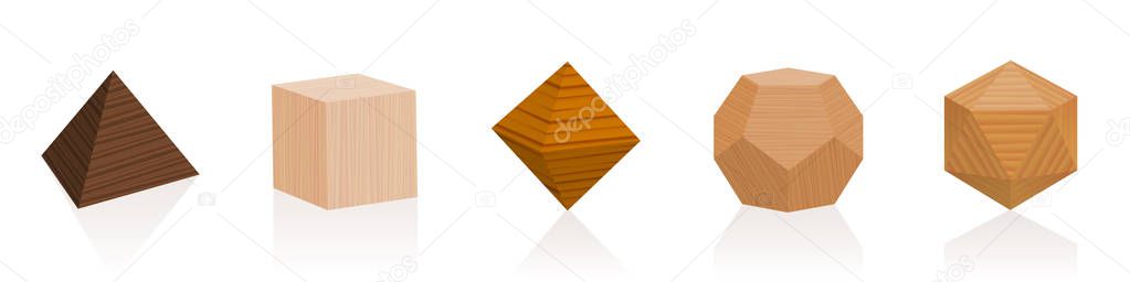 Platonic solids. Wooden parts from different trees. Geometric woodwork sample set with various colors, glazes, textures. Isolated vector on white background.