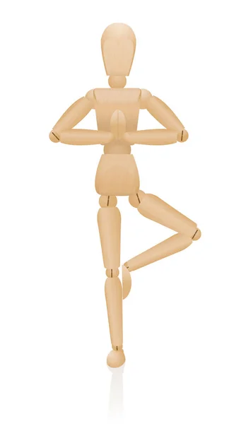 瑜伽平衡图 艺术家的假人与折叠的手 站在一条腿与 三维人体模特与现实的木纹 在白色背景上的孤立向量插图 — 图库矢量图片