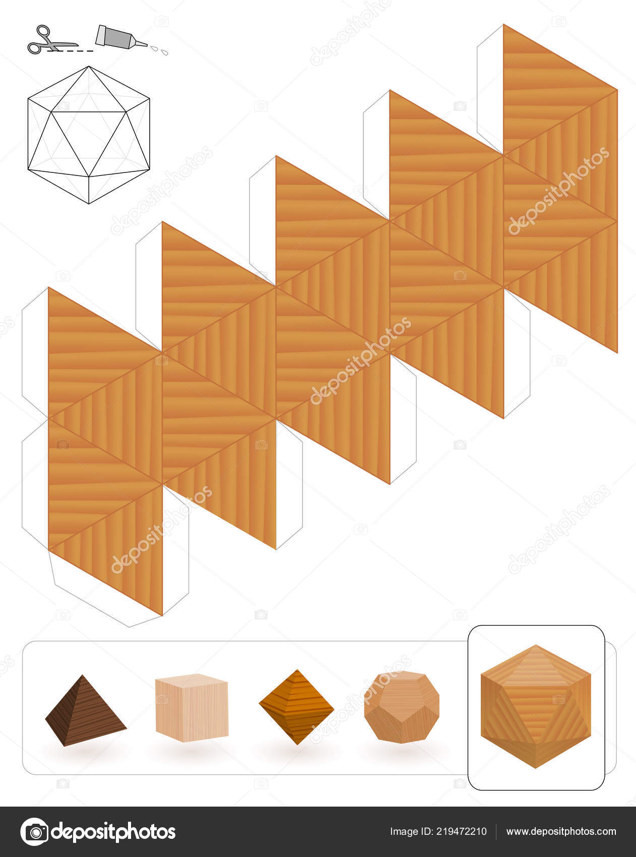 Sólidos Platónicos Modelo Icosaedro Com Textura Madeira Para Fazer Modelo  Vetor de ©Furian 219472210, image size:1262x1700