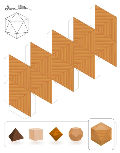 Platonische Körper Vorlage Eines Ikosaeders Mit Holzstruktur Aus Dem Dreiecksnetz — Stockvektor