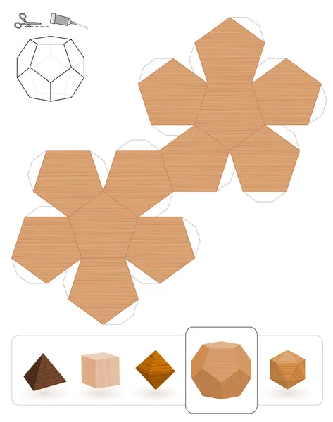 柏拉图式固体 木质面模板 使3D 纸模型从三角形网 — 图库矢量图片