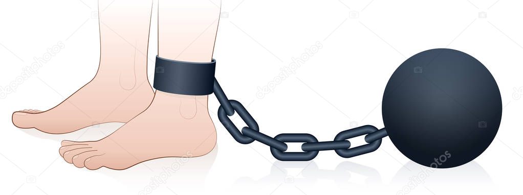 Prison ball and chain. Chained male foot. Isolated comic vector illustration on white background.