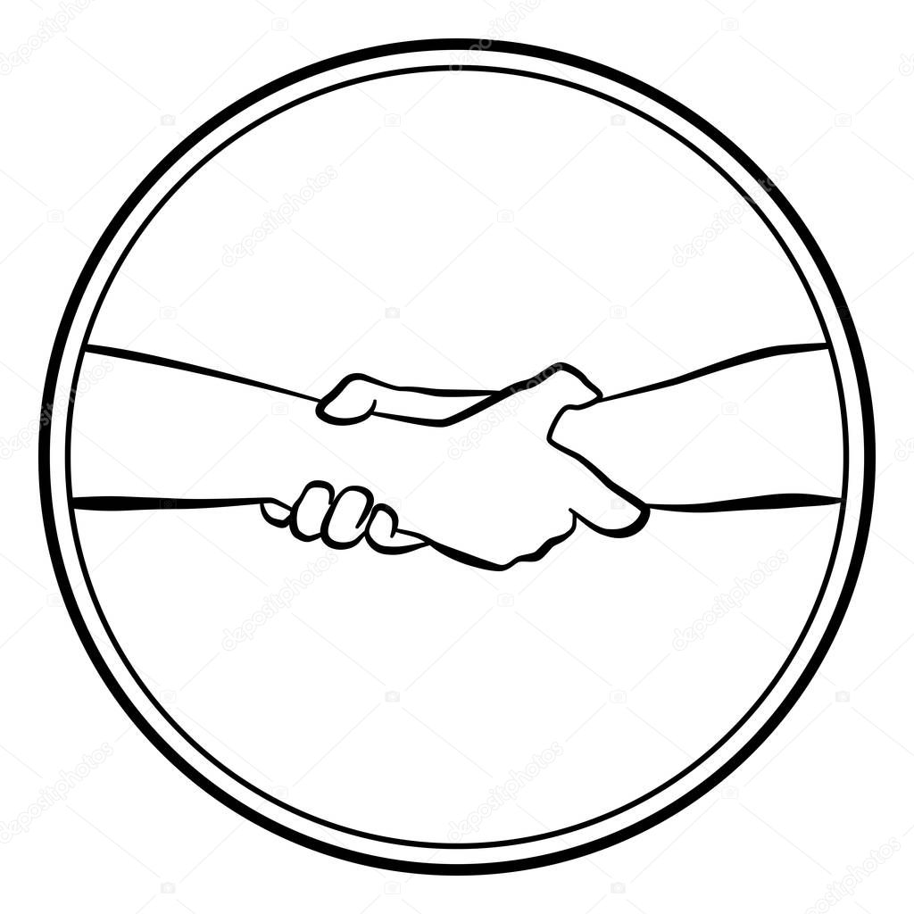 Gripping helping rescuing hands. Isolated round logo outline vector illustration on white background.