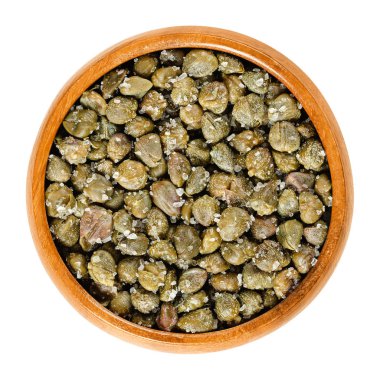 Ahşap kase tuzlu Kapari. Yeşil, kurutulmuş, deniz tuzu turşusu, baharat veya garnitür olarak kullanıldı. Çiçek tomurcukları, capparis spinosa, kapari bush, Flinders rose. Makro gıda fotoğraf portre yukarıdan beyaz üzerinde.
