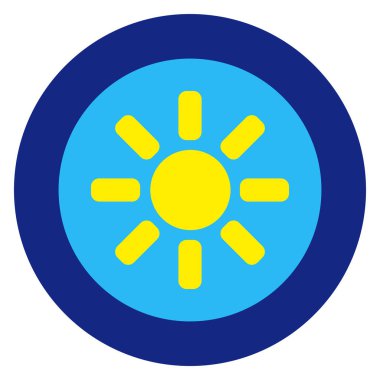 Güneş logosu, mavi gökyüzü, yuvarlak mavi çerçeve. Beyaz arka plan üzerinde basit izole örnek.