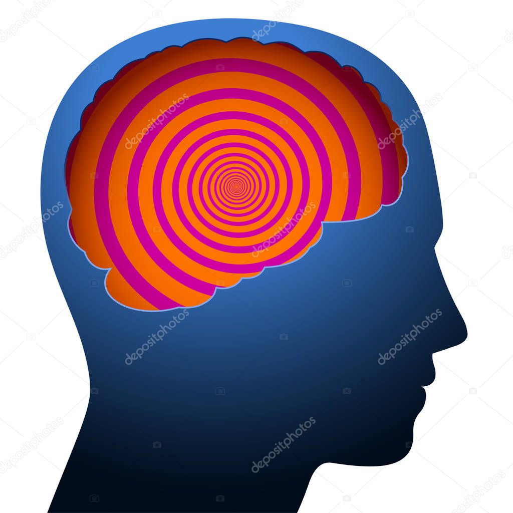 Mental confusion, dizziness, symbolized with a psychedelic spiral in the brain of a young person.