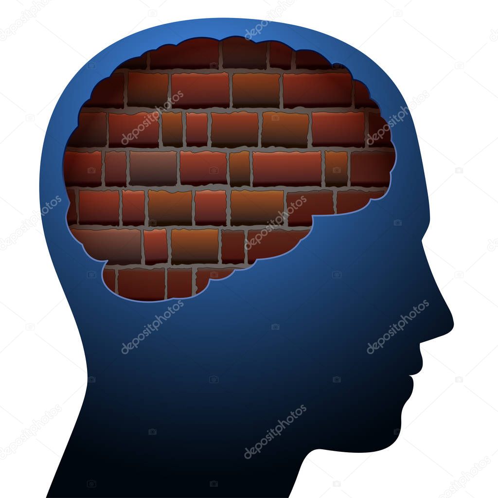 Mental block. Thinking barrier. Symbolized with a brick wall in the brain of a young person.