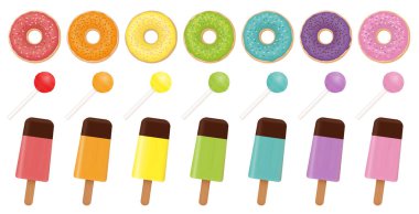 Tatlılar desen. Renkli çörekler, buz şeker ve lolipop. Gökkuşağı koleksiyonu renkli. Beyaz arka plan üzerinde izole vektör çizim.