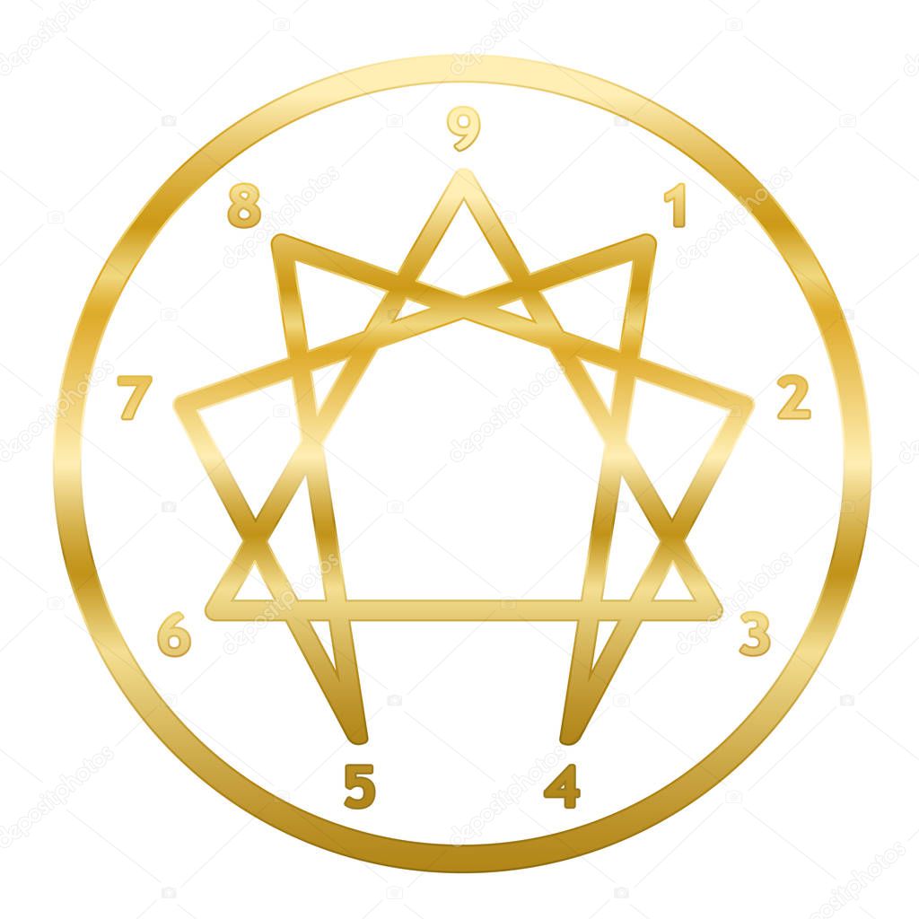 Golden Enneagram of Personality. Sign, logo, pictogram with nine numbers, ring and typical structured figure. Rainbow gradient colored vector illustration on white background.
