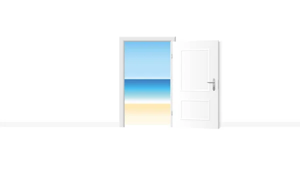 Відкриті Білі Двері Чудовим Видом Пляж Світла Біла Кімната Виходом — стоковий вектор