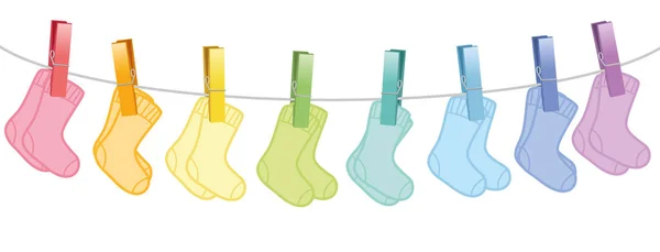 Calcetines Bebé Parejas Colores Colgando Una Línea Ropa Ilustración Vectorial — Vector de stock
