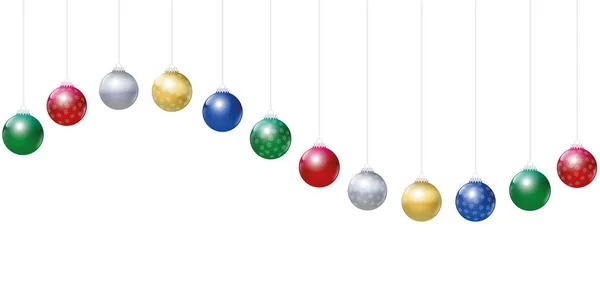 圣诞舞会金色 绿色和蓝色的有光泽的圣诞树球 琴弦上挂着雪花饰品 形成波澜 — 图库矢量图片