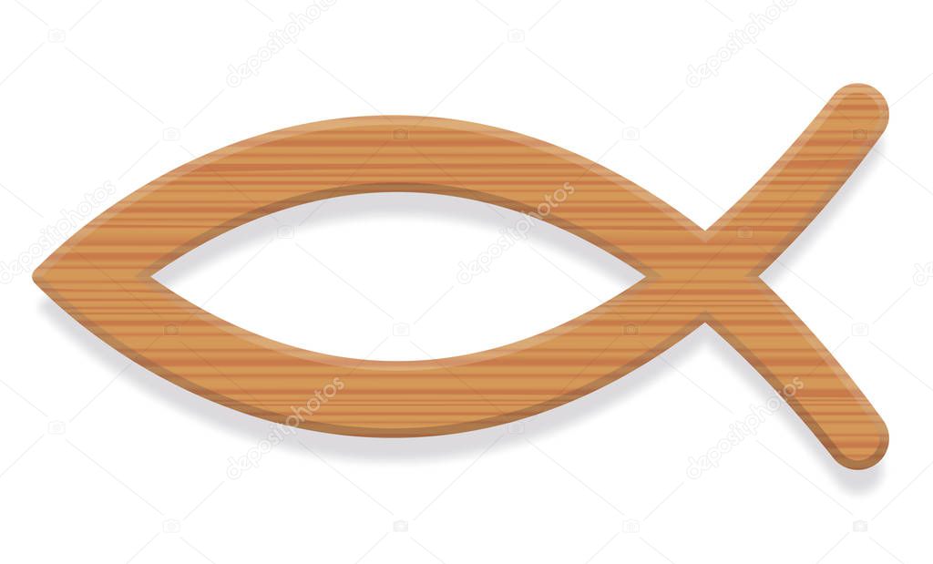 Jesus fish. Wooden textured Christian symbol consisting of two intersecting arcs. Also called ichthys or ichthus, the Greek word for fish. Illustration. Vector.