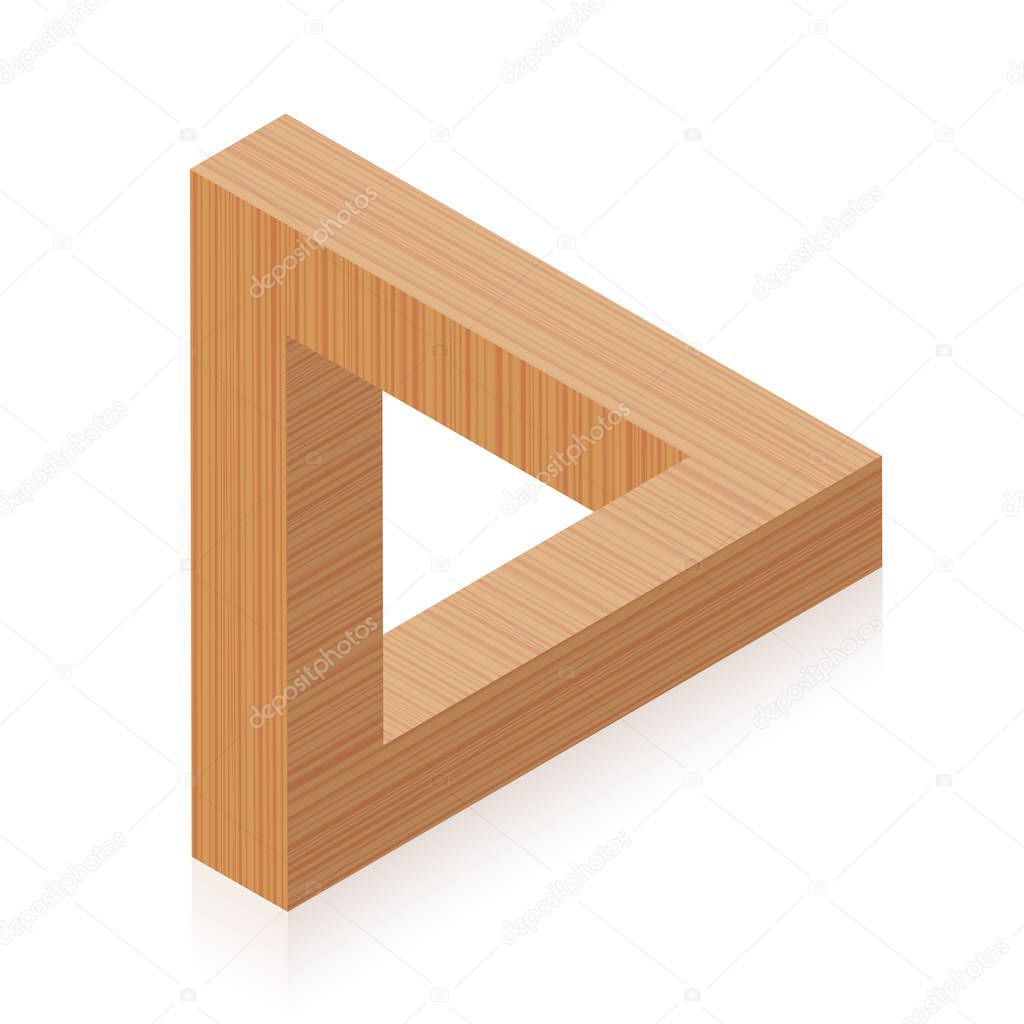 Penrose triangle. Impossible wooden object, appears to be a solid object, made of three straight bars. Isolated vector on white background.