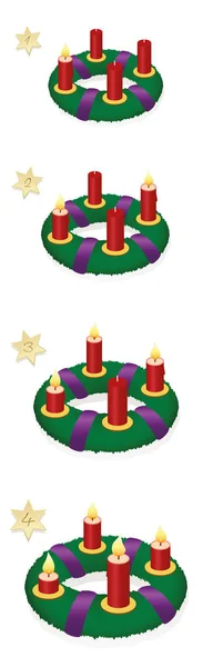 Advent Wreath One Two Three Four Burning Red Candles Chronological — Stock Vector