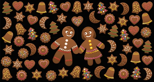 Gingerbread Man Vrouw Verliefd Onder Kerstkoekjes Met Verschillende Bekende Vormen — Stockvector