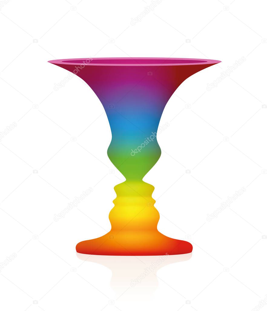 Optical illusion. Vase with two faces in profile. In psychology known as identifying figure from background. Rainbow colored three-dimensional vessel. Isolated vector illustration on white background.