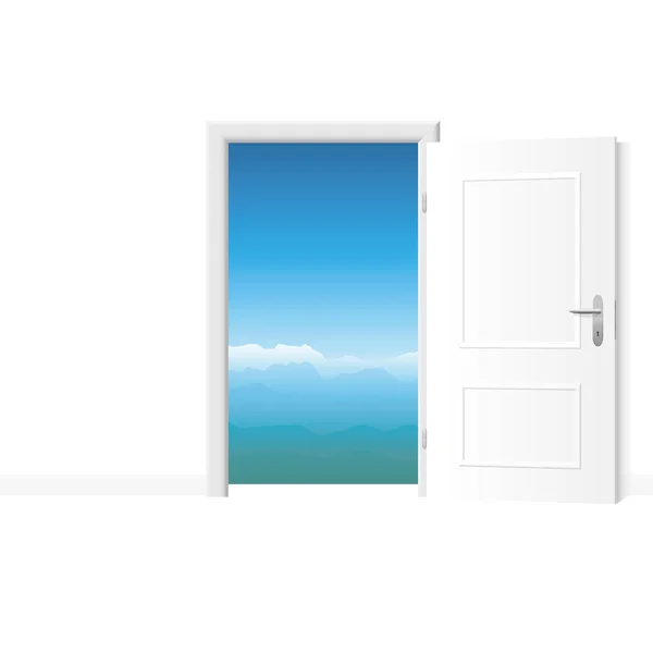 Puerta Blanca Abierta Con Vista Montaña Habitación Blanca Brillante Con — Vector de stock