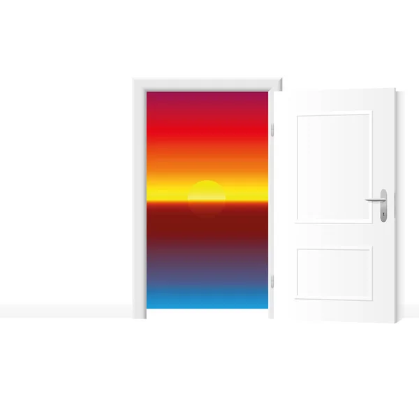 Open White Door Colorful Luminous Glowing Gorgeous Ocean Sunset Bright — Stock Vector