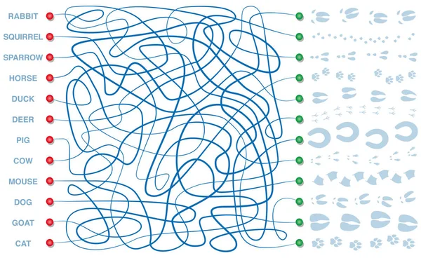 Labirinto Com Pegadas Animais Encontre Caminho Certo Através Labirinto Para —  Vetores de Stock