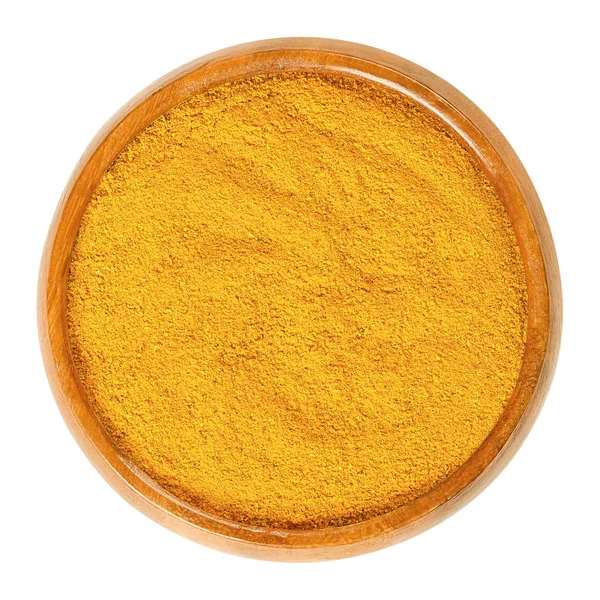 Curry Poeder Houten Kom Oranje Spice Mix Gemaakt Van Verschillende — Stockfoto