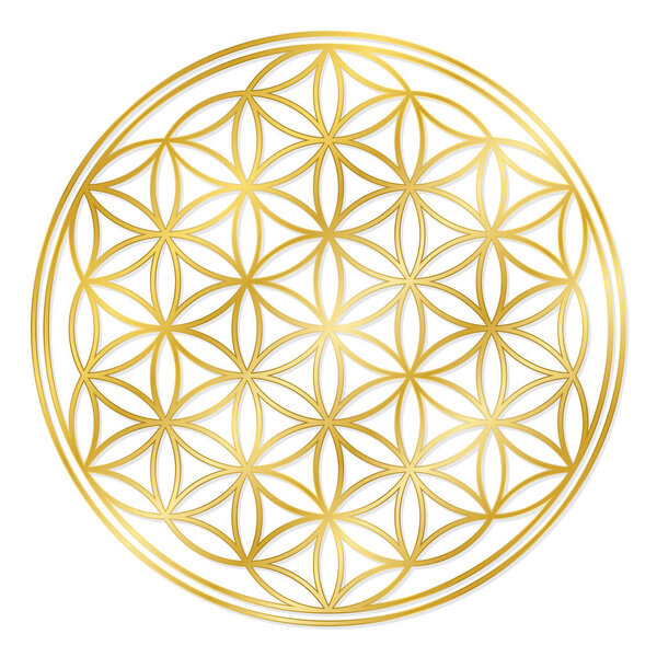 Golden Flower of Life, used for decoration or golden pendant. Geometrical symbol on white background.