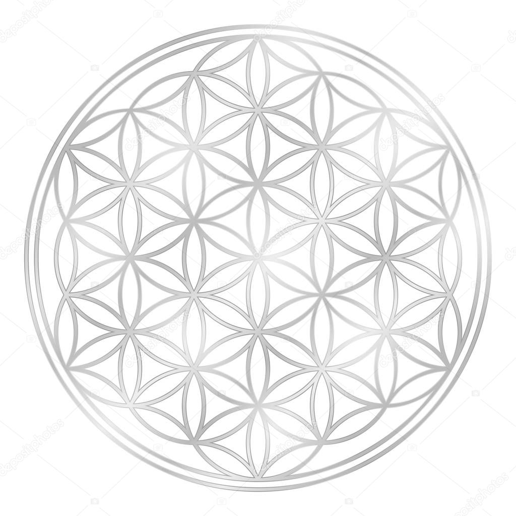 Silver Flower of Life, used for decoration or silver pendant. Geometrical symbol on white background.