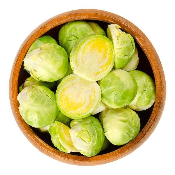 Fresh Brussels Sprouts Wooden Bowl Leafy Green Vegetables Look Miniature — Zdjęcie stockowe