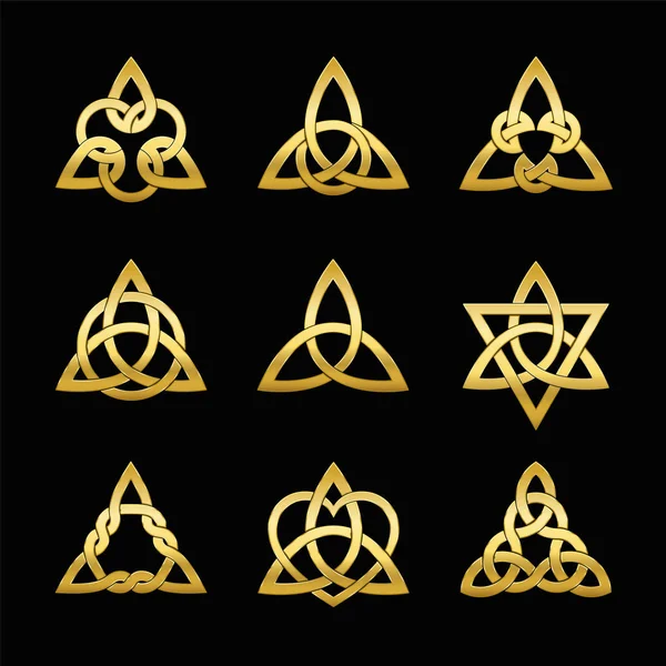 Кельтские Треугольные Узлы Девять Золотых Символов Используемых Украшения Золотые Кулоны — стоковый вектор