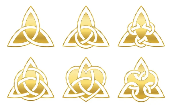 金色凯尔特三角结 六个用于装饰或金色吊坠的黄金符号 无尽的篮子编织结的品种 — 图库矢量图片