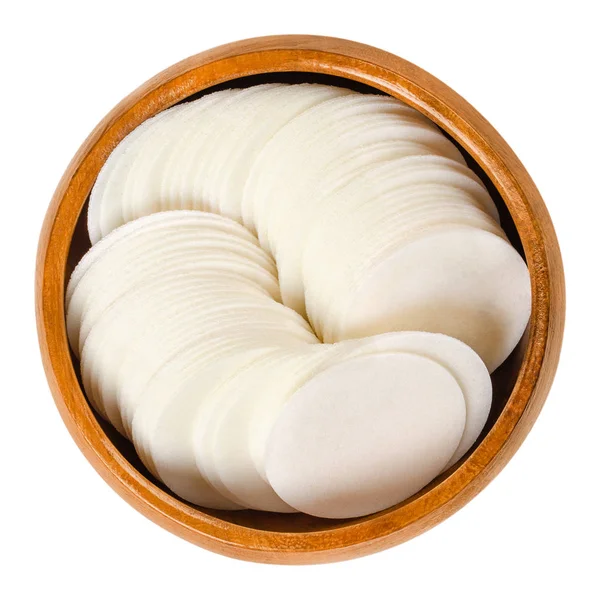 Okrągłe Białe Papiery Wafel Pieczenia Drewnianej Misce Cienkie Arkusze Wykonane — Zdjęcie stockowe