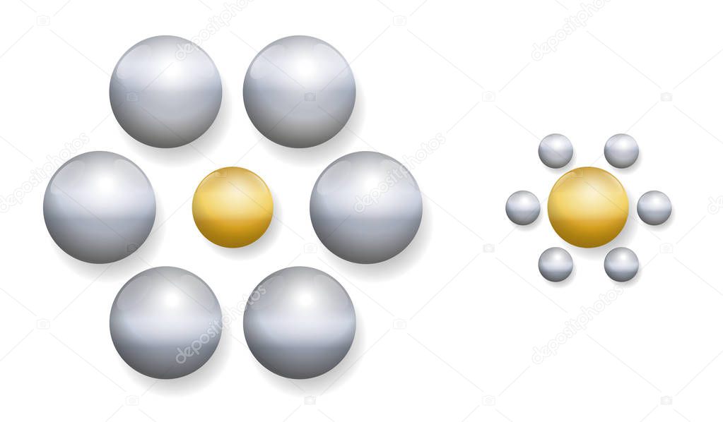 Ebbinghaus illusion with golden and silver balls. Optical illusion of relative size perception. The two golden balls in the middle are exactly the same size. The one on the right appears larger.