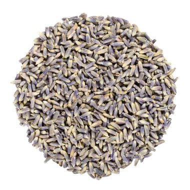 Kurutulmuş lavanta çiçekleri, yukarıdan, izole, üzerinde beyaz bitki daire. Disk Lavandula angustifolia bitki ve petrol çekimi için kullanılan soluk mor çiçekler ile yapılmış. Portre. Makro gıda fotoğraf.