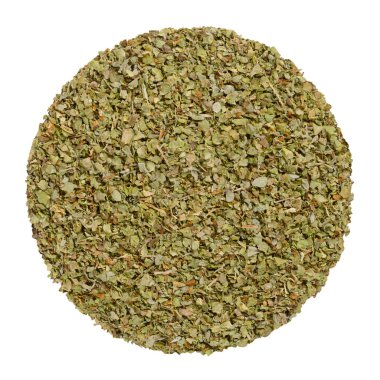 Kurutulmuş Mercanköşk, yukarıdan, bitki daire, beyaz bitti izole. Disk Origanum majorana, aynı zamanda tatlı, düğümlü veya pot mercanköşk yapılmış. Yeşil bitki ve baharat. Portre. Makro gıda fotoğraf.