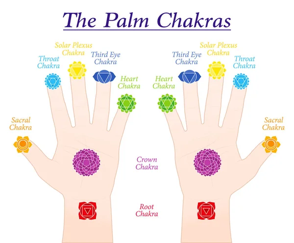 Chakras Paume Symboles Noms Des Chakras Principaux Aux Parties Correspondantes — Image vectorielle