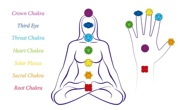 つの主要なチャクラとその名前とヨガのポーズで瞑想女性の図の女性の体と手のチャクラ — ストックベクタ