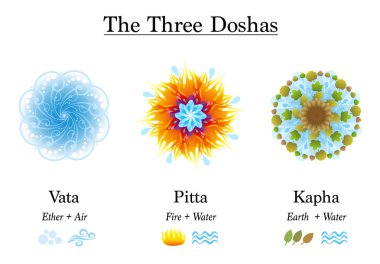 Three Doshas, Vata, Pitta, Kapha - Ayurvedic symbols of body constitution types, designed with the elements ether, air, fire, water and earth. Isolated vector illustration on white background. clipart