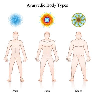 Ayurvedic dosha symbols - vata, pitta, kapha with the relevant depiction of three male body constitution types. Isolated vector illustration on white. clipart