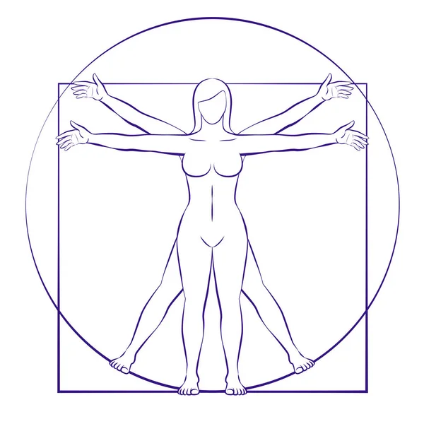 Vitruvian Woman Sacred Geometry Female Body Placed Circle Square Isolated — Stock Vector