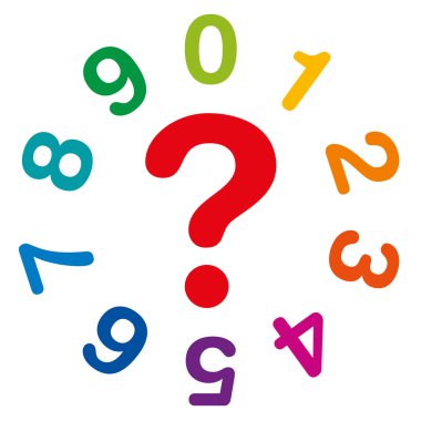 Bir sıfır, numeroloji ve falcılık sembolü olarak ortadaki kırmızı soru işareti olan bir daire oluşturan sayıları on gökkuşağı renkli. Beyaz arka plan üzerinde illüstrasyon izole. Vektör.