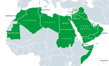 Arap Birliği siyasi harita. Lig Arap devleti, Kuzey Afrika ve Arabistan konumda. 22 üye devletler bölgesel organizasyonu. Suriye 2011 yılından bu yana askıya alındı. İngilizce etiketleme. Resimde. Vektör.