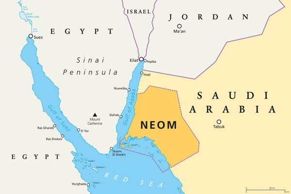 NEOM political map of the 500 billion dollar megacity project in Saudi Arabia along the Red Sea coast. Location of the smart and tourist city with autonomous judicial system. English labeling. Vector.