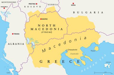 Macedonia region, political map. Region of the Balkan Peninsula in Southeast Europe. Part of Greece, North Macedonia, Bulgaria, Albania, Kosovo and Serbia. English labeling. Illustration. Vector. clipart