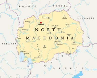 Kuzey Makedonya siyasi harita başkent Üsküp, kenarlıklar, önemli şehirler, nehirler ve göller. Eski Yugoslav Cumhuriyeti Şubat 2019 yeniden adlandırılmış Makedonya. İngilizce etiketleme. Resimde. Vektör.