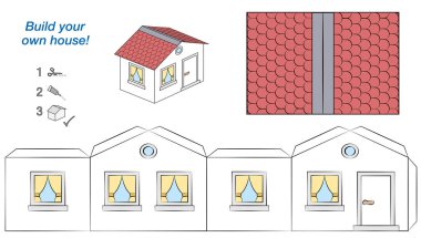 House kağıt modeli. Kolay şablonu - komik yazlık beyaz duvarlar ve kırmızı çatı ile. Kes şunu, pas ve yapıştır. Beyaz arka plan üzerinde izole vektör çizim.