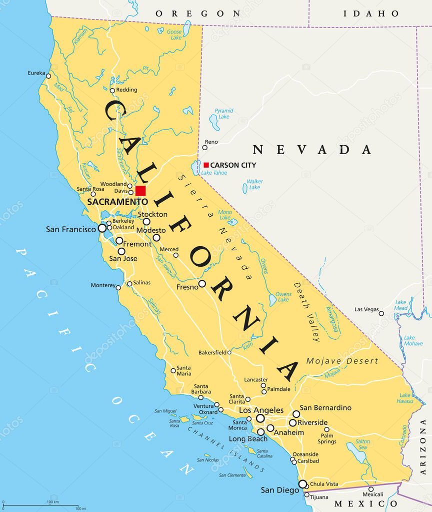 California political map with capital Sacramento, important cities, rivers, lakes. State in the Pacific Region of the United States. Los Angeles, San Francisco. English labeling. Illustration. Vector.