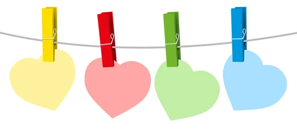 四个彩色纸的心和衣服别针在衣服线绳上 在白色背景的被隔绝的向量例证 — 图库矢量图片